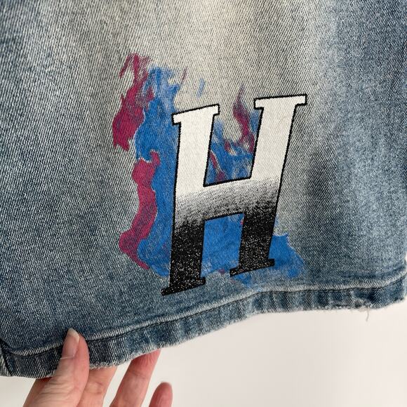Homme + Femme Mens Hand Painted Logo Distressed Jean Shorts Sz 38 Denim Blue - Picture 3 of 10